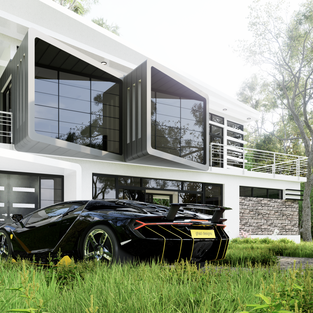 A stylish modern mansion with a sleek sports car parked outside, emphasizing luxury and design.
