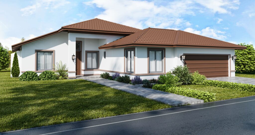 Charming single-story suburban house with brown tiled roof and attached garage.